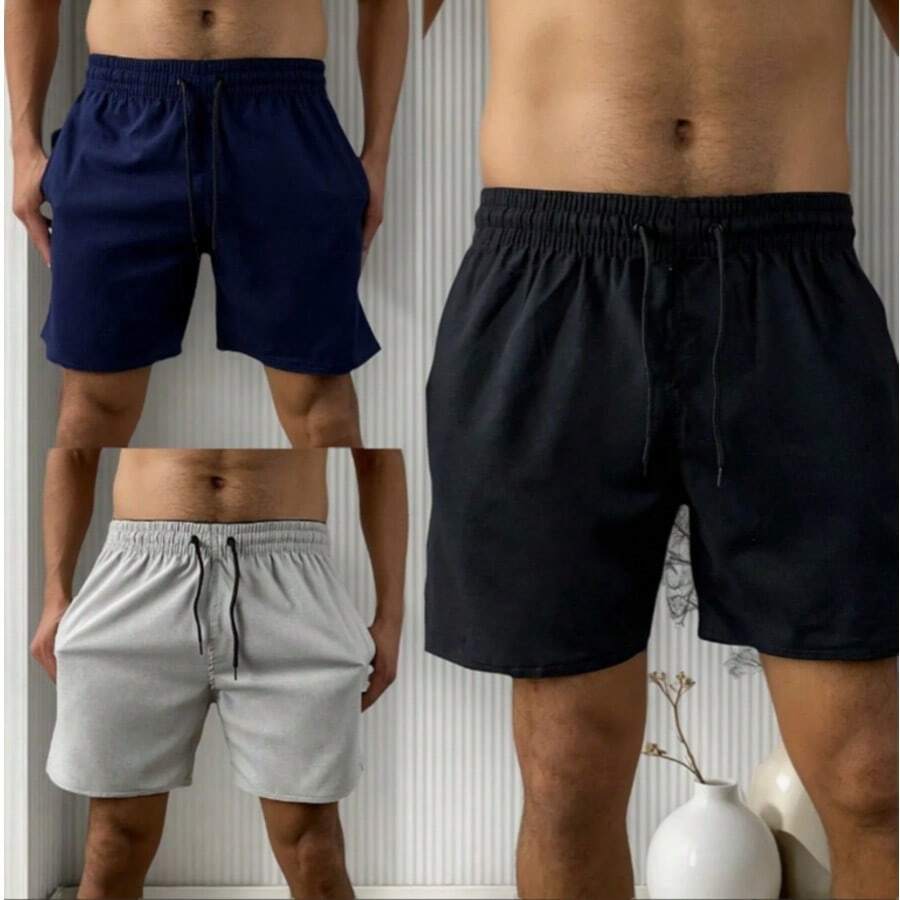 Set Of 3 Men's Premium Linen Shorts With 2 Side Pockets. - Light Grey - View 1