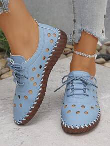 Zapatos planos casuales para mujer, unicolor retro, huecos, ligeros, suaves, transpirables y perforados - Azul - Ver 4