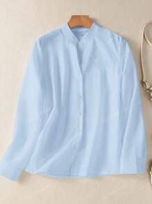 Women's Solid Color V-Neck Button-Up Blouse - Long Sleeve Casual Elegant Top With Decorative Pocket Detail For Festival Travel & Everyday, Spring Summer Fall Winter All-Season Essentials