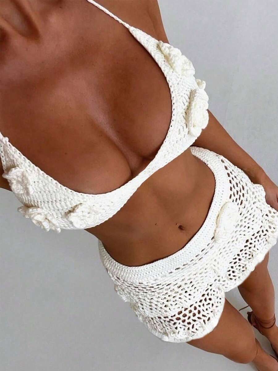 Yuwenier Y2K Sexy Boho Style Handmade Floral Embroidered Camisole Knit Bikini Top And Hollow Out Layered Crochet Mini Skirt 2-Piece Set, Summer Beach Vacation Outfit