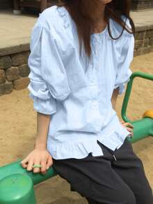 Spring New Asymmetric Hem Striped Long Sleeve Shirt For Women, Loose Fit With Double Pockets - Blue - View 2