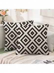 2 fundas de cojín bohemias para exteriores de 45,72 cm x 45,72 cm, fundas decorativas de tiro en blanco y negro para muebles de patio, jardín, porche - con cremallera, lavables a máquina, de poliéster, cojines para sofá