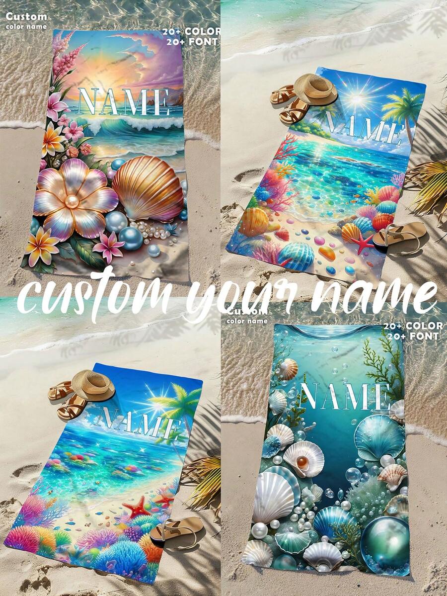 1pc Personalized Beach Towel - Made Of Polyester Fiber, Ocean & Shell Design, Super Absorbent & Quick Drying, Perfect For Beach, Swimming, Camping & Travel, Beach Essential | Beach Theme | Polyester Towel, Beach Accessories, Suitable For Wedding, Couples, Easter, Christmas, And As A Gift For Friends, Family, Couples' Wonderful New Year And Birthday