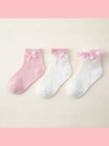3 pares de calcetines hasta la pantorrilla con volantes de encaje y lazo para niños, calcetines escolares transpirables y absorbentes de humedad, para primavera/otoño