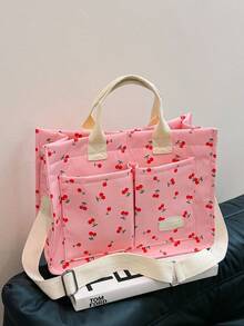 Spring/Summer New Large Capacity Multi-Pocket Cherry Print Tote Bag, Shoulder Crossbody Bag, Versatile Casual Commuter Handbag For Women - Pink - View 1
