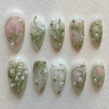 24Pcs Green Flower Press On Nails Medium Almond Nails With 3D Pearl Rhinestones Design Glossy Gold French Tip Acrylic False Nails - 3D-8 - 查看 2