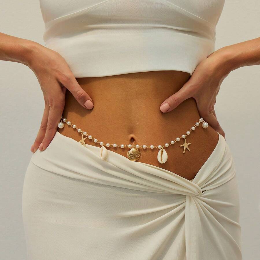1pc Starfish Shell Pearl Tassel Beach Waist Chain For Women - Gold - View 1