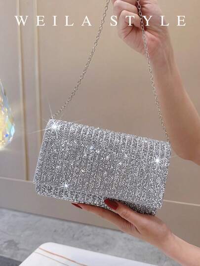 Sparkling Rhinestone Decorated Women's Evening Clutch Bag, High-End Formal Handbag For Wedding, Party, Gala, Formal Dress, Luxury Fashion Envelope Clutch, Shoulder Bag, Chain Bag, Elegant Box Bag