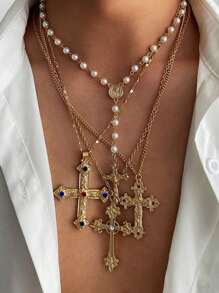 Set de 4 collares con colgante de cruz incrustado de circonia y cobre, adecuado para uso diario, fiestas y reuniones