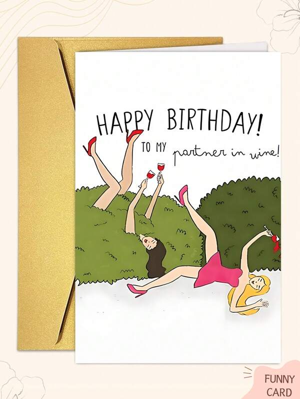 1 PIEZA Tarjeta de felicitación de cumpleaños divertida "Amigos de bebida" con sobre - Diseño de caricatura divertida de amigos disfrutando del vino juntos - Perfecto para reuniones con amigos y familiares - Excelente opción para tarjetas de cumpleaños graciosas