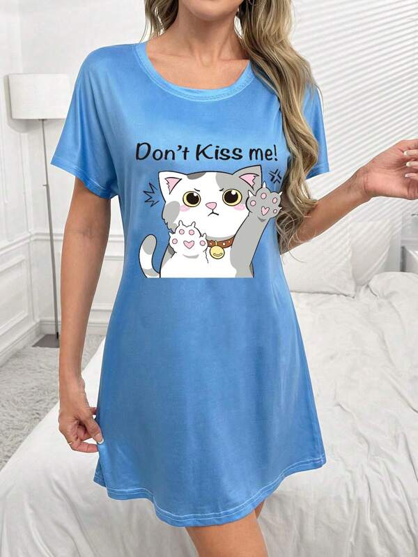 1pc Women Casual Cat Print Nightgown, Polyester & Spandex Blend Knitted Fabric, Short Sleeve Sleepshirt Dress, Comfortable For Spring/Summer