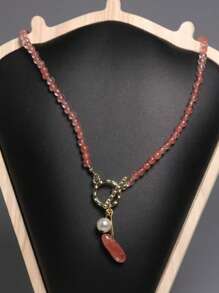 1 pièce Collier de perles en cristal de pierre naturelle, collier de perles mode pastèque rouge, style bohème pour femme