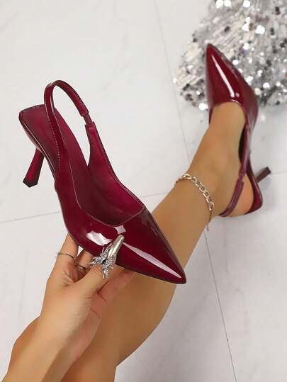 Tacones altos para mujer, nuevos tacones altos de punta en primavera, sandalias de tacón de aguja sexy con correa de recubierto en estilo espejo, zapatos de dos en uno, tacones altos al estilo de celebridades, sandalias de moda color vino tinto