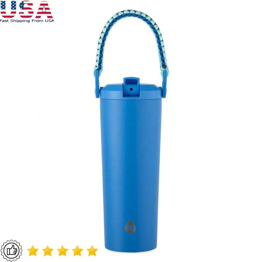 Durable Stainless Steel Water Bottle With Paracord Handle Lightweight Portable Outdoor Hydration Flip Top Lid Free - 藍色 - 查看 1