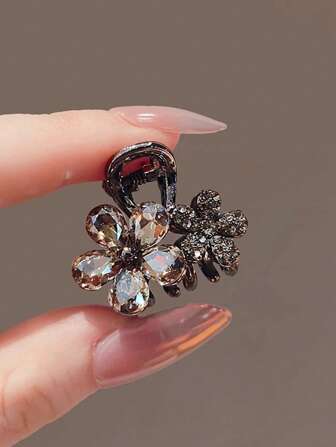 Crystal Flower & Shark Shaped Small Hair Clip, High-End Sense Hairpin For Thin Hair, Topknot, Bun Hairstyle