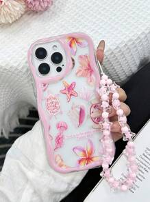 Cream Wavy Edge Gloss Oil Marine Element Starfish Turtle Shell Painted Anti-Drop Phone Case Protective Cover With Handmade Beaded Bracelet, Compatible With IPhone 16/11/16pro/16plus/16promax/16e/15Promax/13/14/12/XS/XR/7G/8P, Galaxy 11/12Pro/12/12X/13Pro/14Pro/15Pro/, Redmi 10/9/Note9/12c/Note11pro/Note8Pro