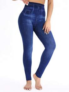 1条装玫瑰花图案女士高弹力紧身打底裤，蓝色仿牛仔破洞外观，柔软舒适，适合健身、跑步、户外、度假、约会、工作、派对、音乐节、秋冬季等场合，舒适保暖。 - 彩色 - 查看 9