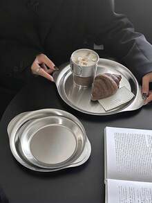1 pièce Plateau rond en acier inoxydable à double poignée, plateau de service pour les collations, le café, le thé, les desserts dans le style de café