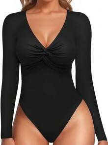 Wrap Bodysuit With Front Detail, Deep Neckline, Long Sleeves - Red - View 4