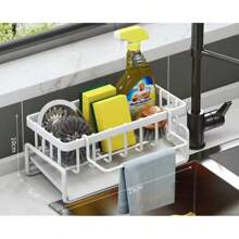 1 Stück 23*9*10cm Anti-Rost Edelstahl Schwamm Aufbewahrungsbox, Multifunktion, wasserdicht, Metall Küchenorganizer Regal mit abnehmbarem Geschirrtuchhalter, Bürstenhalter, Seifenspender, geeignet für Haushaltsspüle und Abtropfkorb, Schrank, Outdoor Lagerung Rack, stilvoller Küchenorganizer