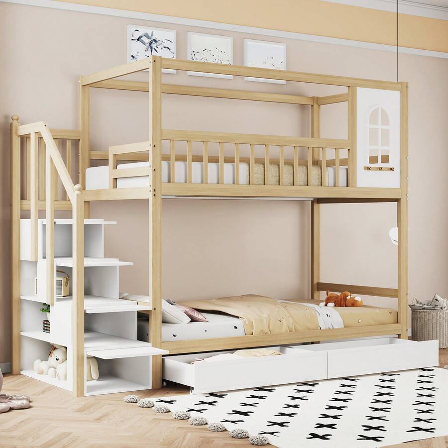 Sairedel Bunk Bed For Children 90*200cm, Solid Wood Double Bed, House Shape With Windows, Fence Design, With Storage Drawers And Ladder, Boys' And Girls' Bed, Teenager's Bed, White - 自然的 - 查看 1