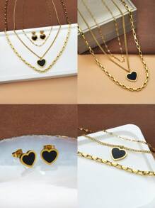 Ensemble de collier de pendentif à cœur noir superposé à multiples couches en acier inoxydable plaqué or 18k pour femmes, avec boucles d'oreilles, idéal pour l'anniversaire, la fête des mères, la Saint-Valentin, les rencontres, la fête dansante, les vacances de Bohême et la saison des mariages (3 pièces).
