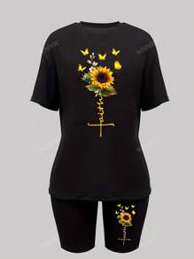 Women's Butterfly & Sunflower Print Round Neck Short Sleeve T-Shirt And Shorts Set