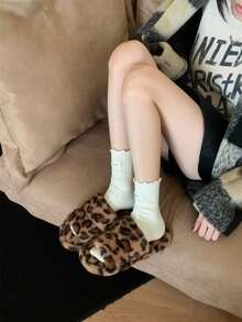 XIXITIAO 1双时尚个性可爱高端趣味百搭复古豹纹女士保暖露趾毛绒室内舒适透气拖鞋，适合秋冬季穿着 - 棕色 - 查看 9