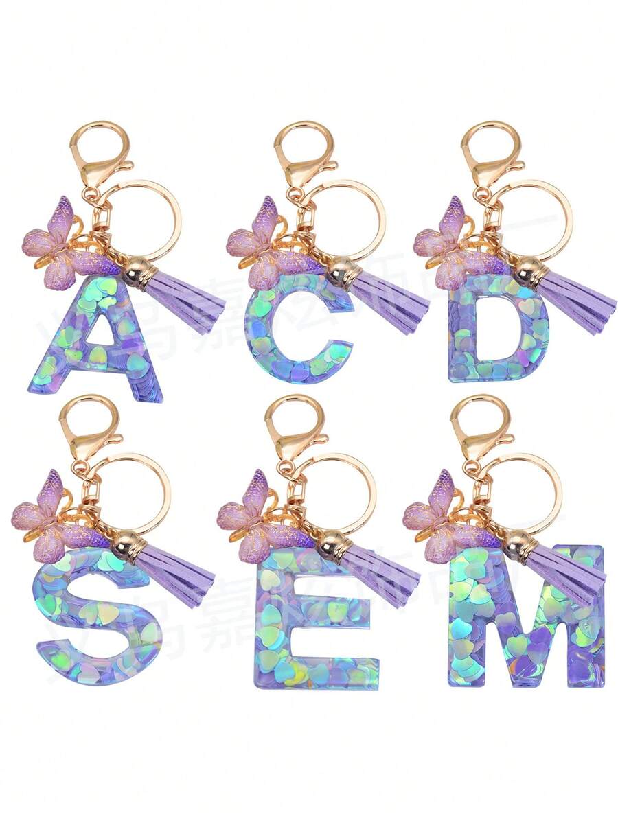 1pc Women's Boho Fashionable Pink Glittery Heart Shaped & English Letter Keychain With Tassel & Butterfly Design, Heart Shape Glitter, Crystal, Tassel And Butterfly Pendant Car Hanging Pendant Women Gift, Wallet And Handbag Accessories For Couple, Mother, Valentine's Day, Friends As Gift, Bag Pendant - Рожевий - Переглянути 1