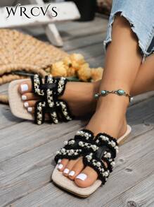 WRCVS Damen Flache Sandalen mit bestickten, Cut Out Kunstperlen, zufälliges florales Boho Beach Resort Outdoor Schuhe