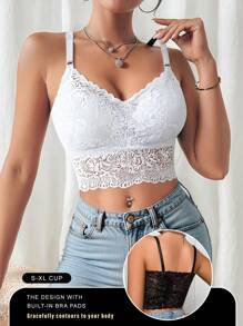 2 piezas Bralette de encaje de unicolor, Sujetador deportivo informal tipo top corto para mujeres, Camiseta de tirantes finos, Apta para todas las estaciones