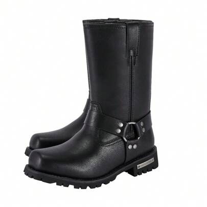 Local Warehouse- Square Toe Biker Boots, Black PU Leather Mid Calf Knee High Boots, Perfect For Mother's And Father's Day Gifts Men's 11in Harness Mot