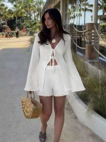 2 piezas Set informal de unicolor estilo bohemio, blusa de manga larga con nudo y shorts, para playa, cita, oficina, calle, verano