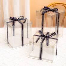 10pcs Transparent Square Cake Boxes, 4/6/8 Inch Dessert Packaging Boxes With Ribbons, Suitable For Birthday Cake Gifts, Wedding Party Sweets Baking Packaging