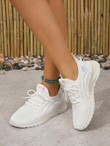 4-Season New Knit Mesh Breathable Lace-Up Casual Sneakers, Comfortable Elastic Soft Sole Outdoor Running Shoes, Walking Shoes, Commuting Shoes, Fitness Shoes - White - View 3