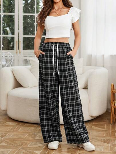 Women's Elegant All-Season Plaid Print Loose Straight Leg Drawstring Decorated Pants