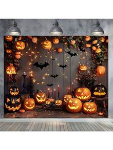 1 pieza/Tapiz de poliéster con bonito fondo de Halloween con calabazas aterradoras y murciélagos - Disponible en varios tamaños - Decoraciones colgantes de poliéster, para decorar en dormitorio, sala de estar, ventana, adecuado para fiesta de jardín, cabina fotográfica y celebración festiva, decoración de Halloween, decoración de fiesta temática - Multicolor - Ver 5