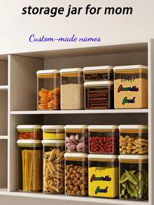 1pc Customizable Name Storage Jar, Rectangular PS Material Food Storage Container, Suitable For Grains, Fruits, Cookies, Kitchen, Personalized Gift For Mom, Available In 600/1100/1800/2600ml Capacities