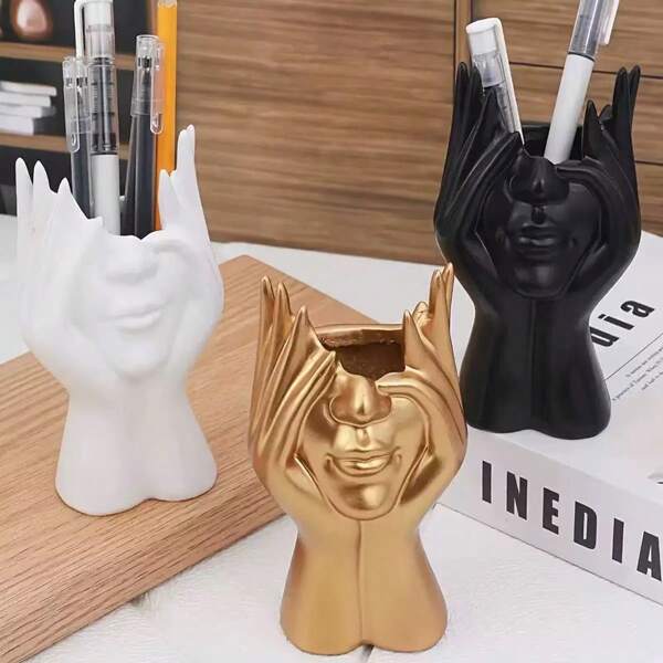 1pc Abstract Face Holding Resin Crafts, Makeup Tool Brush Holder, Jewelry Display Stand, Desk Organizer, Garden Art, TV Cabinet Decor, Tabletop Vase, Holiday Party Gift