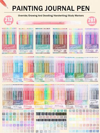 Languo 213 Pcs 1 Set High Capacity Color Neutral Pen Gel Pen, Student Painting Drawing 207 Colors Color Handbook Pen, Painting Graffiti Outline Can Be Stacked Color Fine Tip Neutral Pen 0.6mm, 24 Color System Set Candy Color Morandi Color Cute Stationery Pen