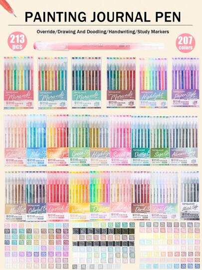 Languo 213 Pcs 1 Set High Capacity Color Neutral Pen Gel Pen Acrylic Marker, Student Painting Drawing 207 Colors Color Handbook Pen, Painting Graffiti Outline Can Be Stacked Color Fine Tip Neutral Pen 0.6mm, 24 Color System Set Candy Color Morandi Color Cute Stationery Pen