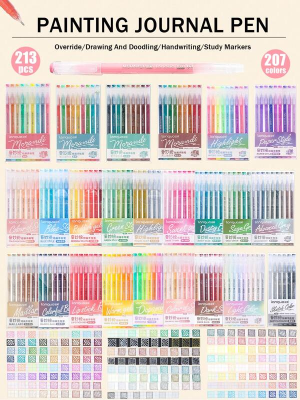 Languo 213 Stück 1 Set hochwertige farbige neutrale Gelschreiber, Schüler Malerei Zeichnen 207 Farben Farbkatalog Stift, Malerei Graffiti Kontur kann gestapelt werden farbige Fineliner Stift 0,6 mm, 24 Farb-Bonbon-System Set Morandi-Farbe niedlicher Stationerie Stift