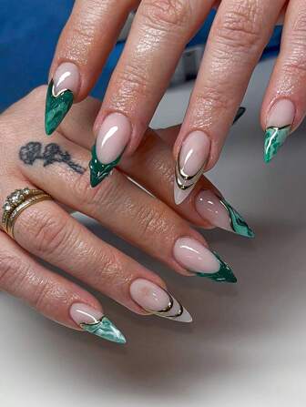 10 piezas de elegantes y de alta gama uñas postizas irregulares con borde dorado y degradado esmeralda, estilo francés, hecho a mano con doble línea y patrón de onda de pegamento. Adecuado para damas y niñas para el trabajo, la vida diaria, eventos académicos o uso de verano. Uñas postizas de lujo y sexys hechas a mano, desmontables y reutilizables.