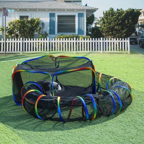1 Set Foldable Hexagon Mesh Animal Tunnel Portable Pet Tent, Outdoor Playpen For Cats And Rabbits, Indoor/Outdoor Pet House, Rainbow Portable Cat Tunnel, Suitable For Cats And Small Animals In Spring, Summer, Fall And Winter, Pet Supplies; Birthday And Holiday Gift For Cats, Rabbits And Other Pets, Travel Accessory