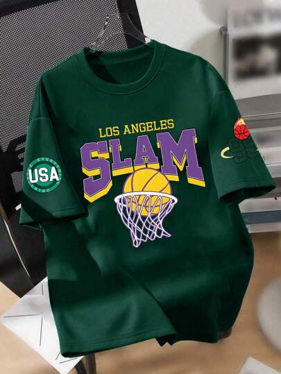 Tween Boy Basketball Print Crew Neck T-Shirts Summer Boy's Casual Tee Soft Tops