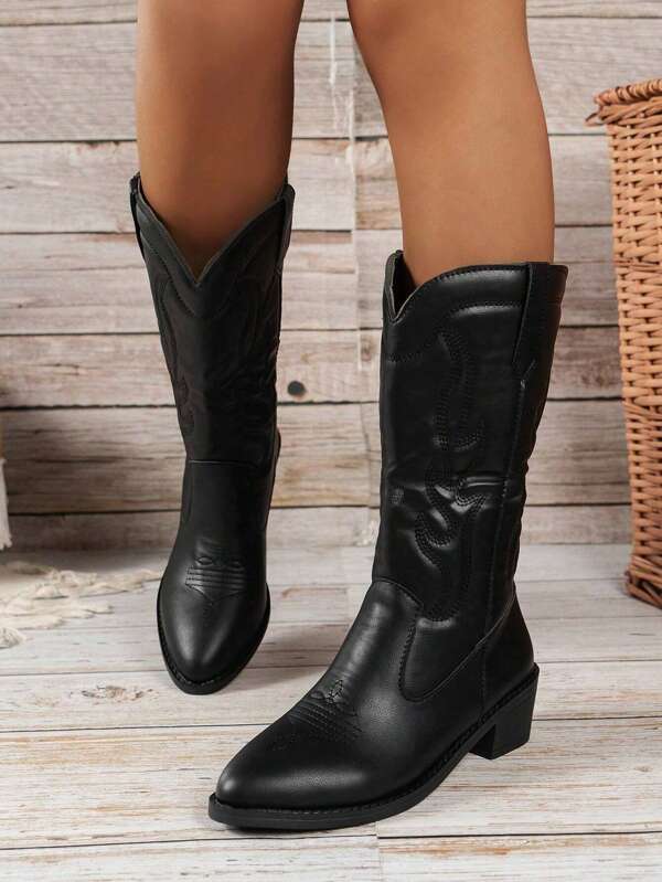 Botas femininas Chunky Western, Botas de vaqueira com bico fino bordado e corte em V, Botas versáteis de cano médio