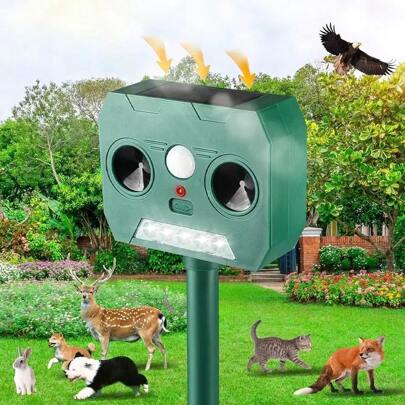 Repelente ultrasónico solar 2025 para ratones, ardillas, ciervos, mapaches, zorrillos, conejos, topos, perros, gatos, a prueba de agua con detector de movimiento y luces LED intermitentes para patio, césped y jardín