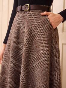 格子羊毛 A 字裙，高腰喇叭下摆女裙，秋冬 - 咖啡棕 - 查看 4