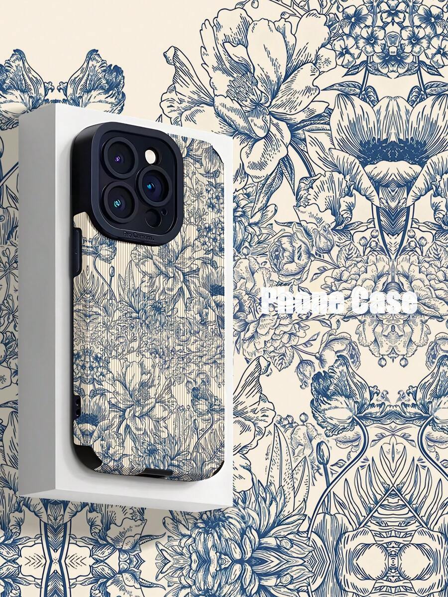 1 Ốp lưng điện thoại TPU mềm chống rơi họa tiết hoa màu xanh lam cổ điển theo chiều dọc bằng da giả tương thích với Apple/ Galaxy S15/15+/15Pro/15ProMax - Nhiều màu - Xem 1
