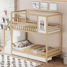 Sairedel Bunk Bed For Children 90*200cm, Solid Wood Double Bed, House Shape With Windows, Fence Design, With Storage Drawers And Ladder, Boys' And Girls' Bed, Teenager's Bed, White - 自然的 - 查看 3